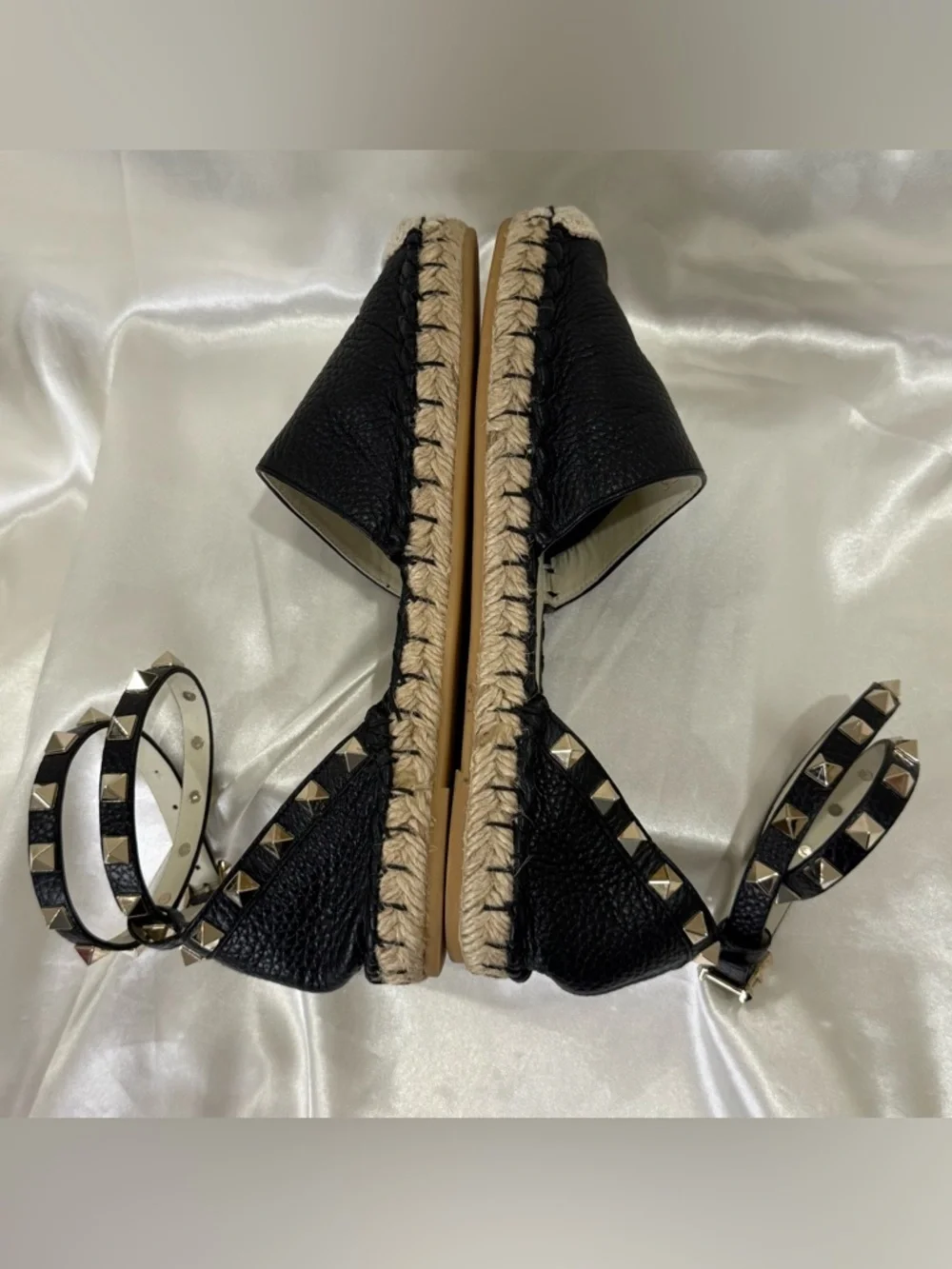 Valentino Garavani Rockstud Espadrille Sandals Leather Wrap Black Size 35 US 5